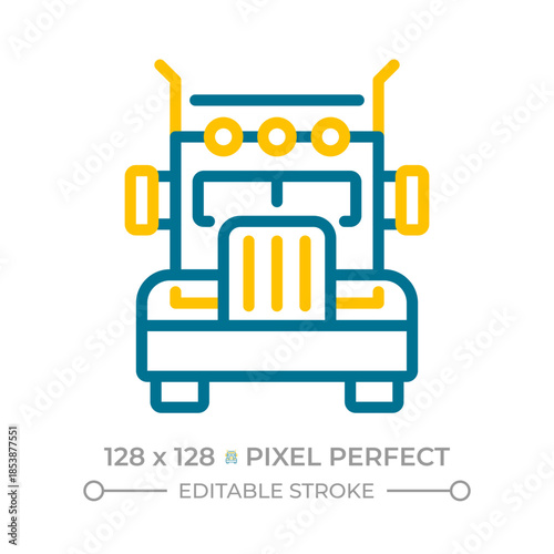 Semi truck pixel perfect two color line icon. Large combination vehicle for hauling freight. Cab with cargo bicolor outline symbol. Duotone linear pictogram. Isolated illustration. Editable stroke