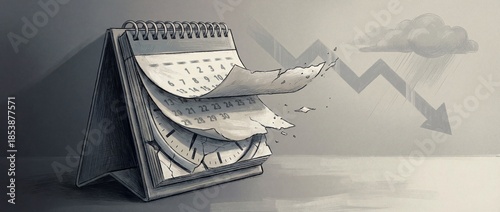 Illustration of a desk calendar with torn pages revealing a clock face, featuring a downward arrow and rain cloud for economic recession, deadline stress and time management