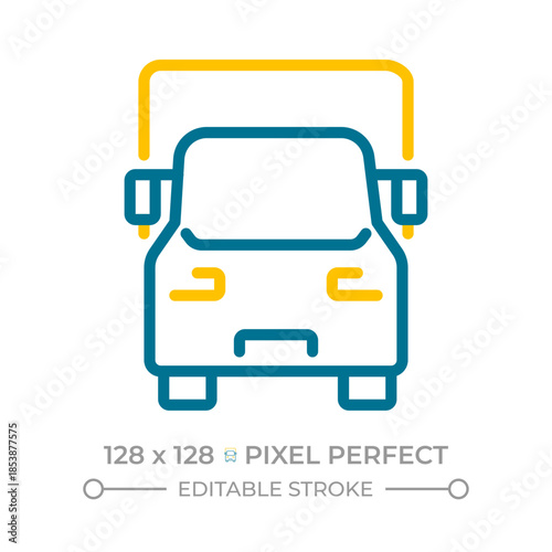 Truck pixel perfect two color line icon. Vehicle designed to carry freights. Lorry transporting cargo trailer bicolor outline symbol. Duotone linear pictogram. Isolated illustration. Editable stroke