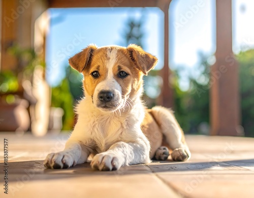 A cute puppy, with brown and white fur, lies down, looking directly into the camera. It?s on a porch, bathed in sunlight
