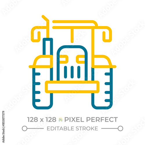 Tractor pixel perfect two color line icon. Agricultural machinery. Farm industry vehicle. Pulling implements bicolor outline symbol. Duotone linear pictogram. Isolated illustration. Editable stroke