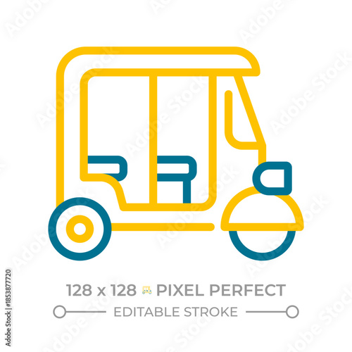 Tuk tuk car pixel perfect two color line icon. Auto rickshaw. Public transport in Southeast Asia. Taxi service bicolor outline symbol. Duotone linear pictogram. Isolated illustration. Editable stroke