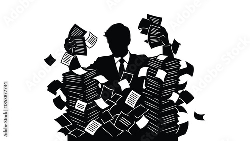 Stressed silhouette businessman overwhelmed by massive piles of paperwork and flying documents
