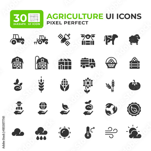 Agriculture glyph ui icons set. Crops harvesting, natural environment. Sustainable practice. Black solid symbols vector iconset. User interface flat elements collection, pixel perfect