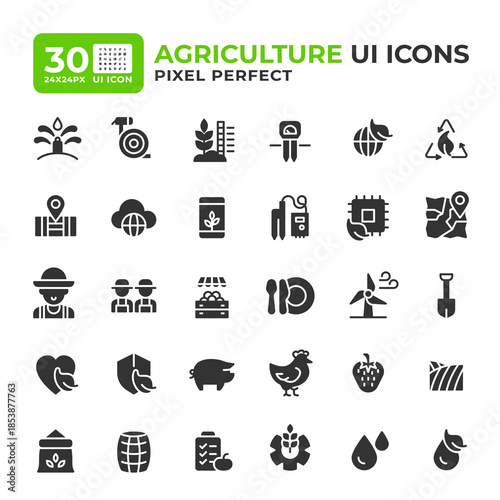 Agriculture glyph ui icons set. Smart technology, farming industry. Crop growth. Livestock production. Black solid symbols vector iconset. User interface flat elements collection, pixel perfect