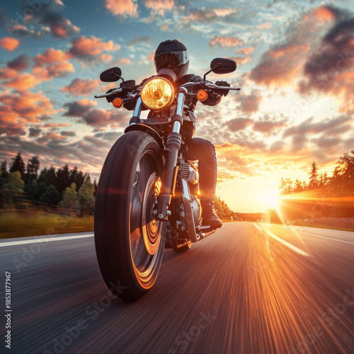 A motorcyclist riding down an empty road at sunset embodies freedom, serving as a dynamic backdrop for travel advertising.