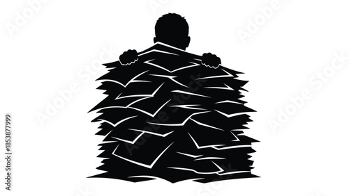 Silhouette of person overwhelmed by huge mountains of paperwork and excessive administrative office duties