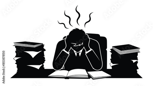 Overwhelmed businessman clutching head amidst towering stacks of paperwork symbolizing intense stress and deadlines