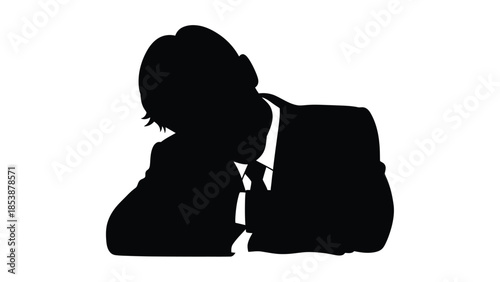 Silhouette of a businessman resting his head down onto his arms in exhaustion or stress