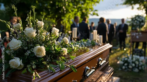Funeral service with floral arrangement and mourners