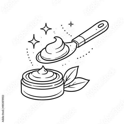 Line icon of a cosmetic cream jar with a spatula and natural leaves. Symbol of skincare, beauty product, organic cosmetics, or wellness treatment. Clean minimal black outline style.