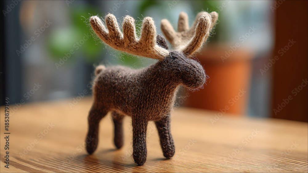 Fototapeta premium Knitted Moose Figurine – Vintage Texture for Home Holiday Interior Decor.