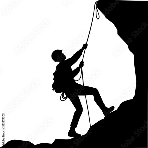 Silhouette of Rock Climber with Rope – Black and White Adventure Vector