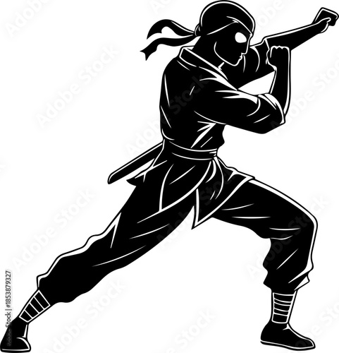 Black Ninja Silhouette in Combat Stance – Martial Arts Wall Art Printable 