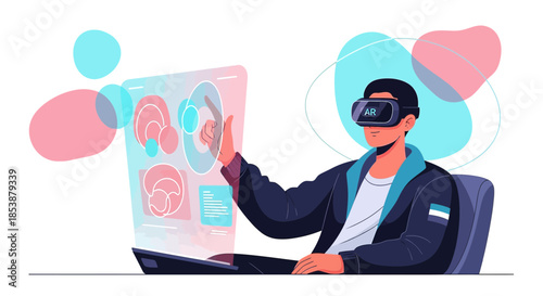 Augmented Reality Exploration: A man interacts with a futuristic interface using AR glasses