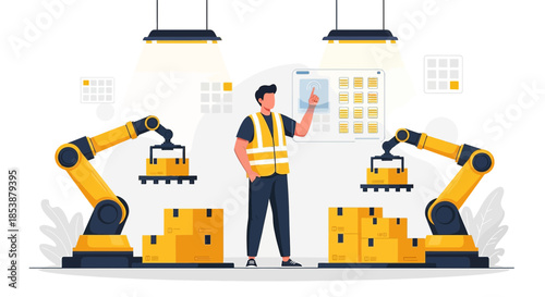 Automation in modern factory with worker overseeing robotic arms and digital interface for