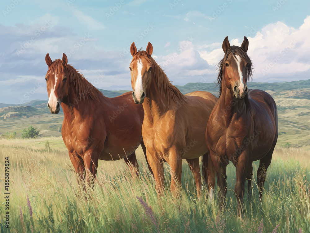 Fototapeta premium Three beautiful horses standing together in a lush green meadow.