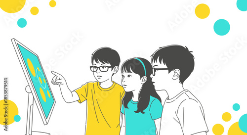 Children exploring interactive display, learning technology, modern education concept