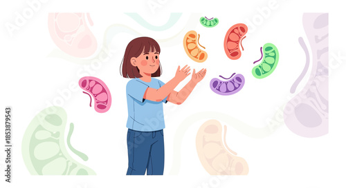 Colorful kidney wellness vector illustration featuring a happy woman and scattered organs