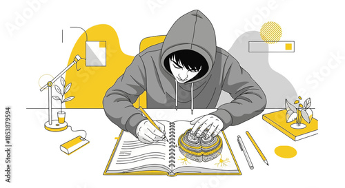 Concentrated student sketches anatomical study in modern illustrated workspace setting