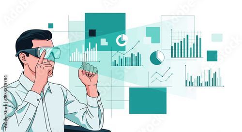 Data analysis through virtual reality with business charts and financial planning concept