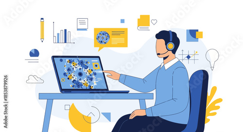 Digital operator illustration providing technical support assistance and guidance online with