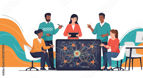Diverse team collaborating on neuroscience project analyzing neuron network on large screen display