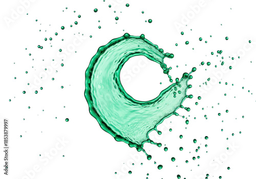 Emerald green iridescent water splash, elegant wave-like shape, numerous suspended droplets, captured in dynamic motion on a transparent background with copy space. Concept of purity and liquid energy