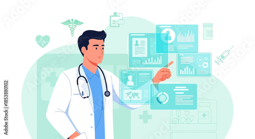 Doctor interacting with digital healthcare interface showing patient data and medical insights