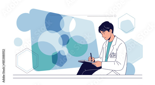 Doctor taking notes with abstract background representing medical innovation and research focused