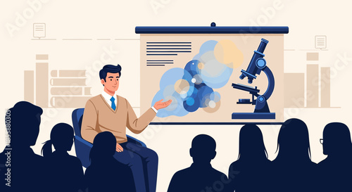 Engaging biology lecture with dynamic speaker and microscope presentation for students