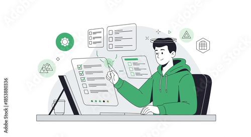 Engaged developer interacting with floating task management interface on a digital screen