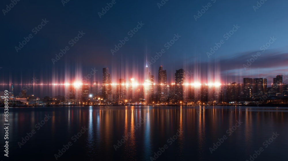 Fototapeta premium City skyline reflects bright lights on water at twilight during evening hours