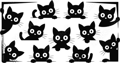 A charming collection of black cat silhouettes with expressive eyes peeking from edges on white