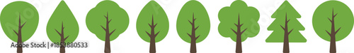 A charming row of eight green cartoon trees showcases diverse leaf and trunk designs for natural themes