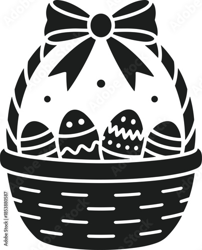 Black silhouette of an Easter basket filled with decorated eggs and a bow vector
