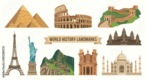 World History Landmarks Flat Travel Illustration Set