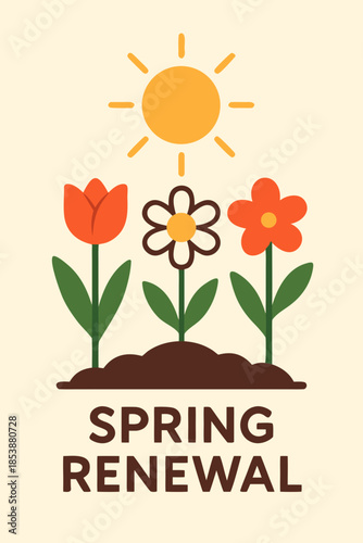 Spring Renewal Floral Illustration with Flowers and Sun