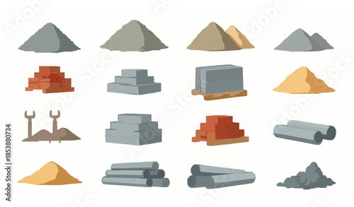 Construction site materials cartoon vector illustration with blocks piles and tools isolated on transparent background
