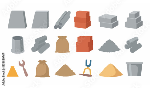 Cartoon construction materials vector set with concrete bricks pipes and sand isolated on transparent background