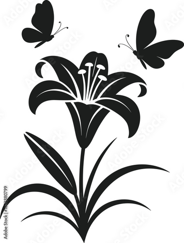 Black silhouette Easter lily flower with two butterflies vector art butterfly
