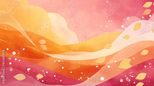 Golden autumn leaves falling on abstract pink and orange rolling hills landscape background