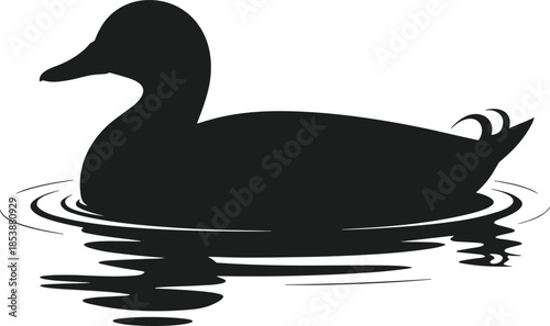 Black duck silhouette floating on rippling water vector graphic ripple bird