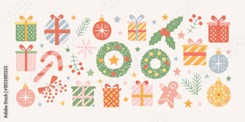 Festive christmas decorations including gifts wreaths and candy canes illustrated pattern