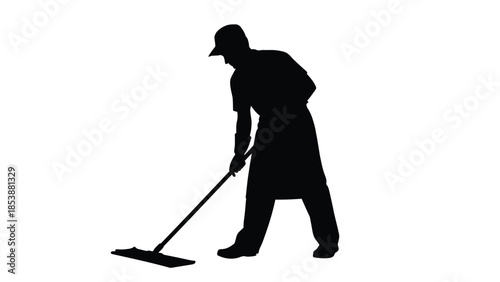 Silhouette of a worker wearing a cap and apron mopping or sweeping the floor during cleaning