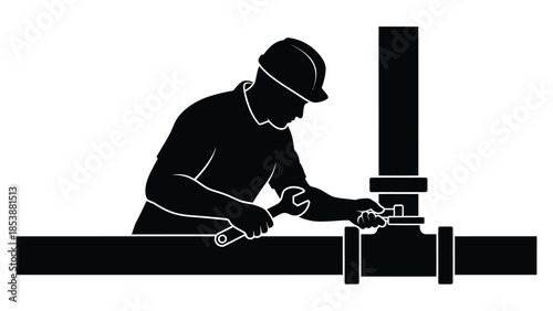 Silhouette of a plumber or construction worker repairing or installing piping system joints using a wrench tool