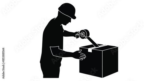 Silhouette of a warehouse worker securely sealing a cardboard shipping box with a handheld tape dispenser