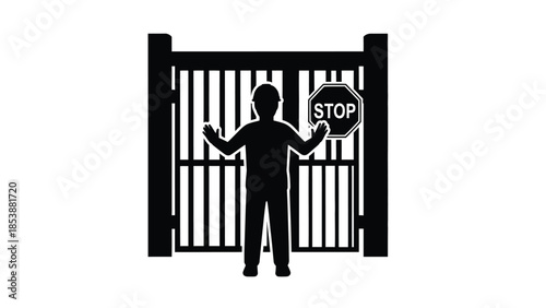 Security guard silhouette standing before a closed gate holding a stop sign illustrating access control