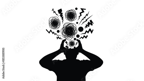 Silhouette of a person overwhelmed by chaotic thoughts and intense mental stress escaping their head