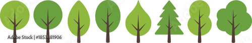 A cheerful row of eight green cartoon trees stands together displaying various rounded canopy shapes
